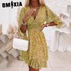 GMXIA Summer Floral Print Mini Dresses Women Vintage Sexy A-Line V-Neck Half Sleeve Party Dress Female Casual Elegant Beach Dress