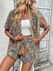 Elegant Vacation Print Two-Piece Set: Tie-Up Top & High-Waisted Shorts