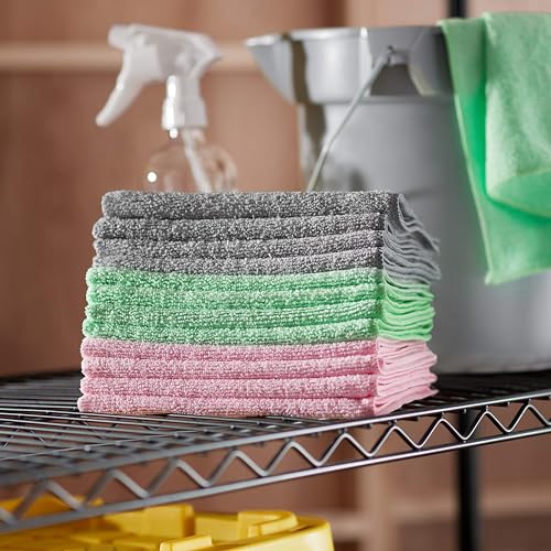 Basic Microfiber Cleaning Cloths, Multi-Purpose, for Cleaning, Car Washing, and Mopping, 36-Count (40 X 30 Cm), Green, Gray, and Pink