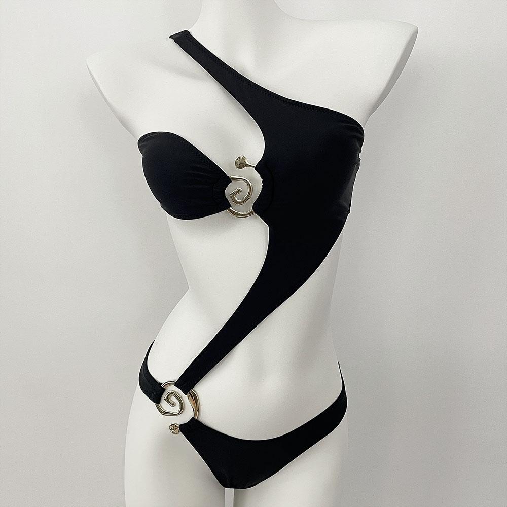 OFTBUY 2025 New Women Sexy One Piece Swimsuit Hollow Thong Metal Bikini Set Solid Halter Neck Bathing Suit Biquini Beachwear