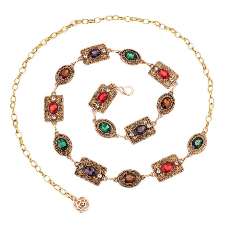 Mary Waist Chain Accessories Dress Gold Silver Metal Oval Carved Chain Rhinestone Belt Women's Multi-hoop Design
