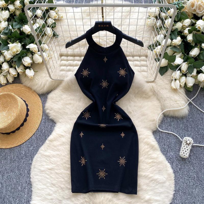 Pure Desire Sexy Heavy Industry Fireworks Hot Diamond Neck Sleeveless Dress Women's Autumn Slim and Thin Hip Skirt
