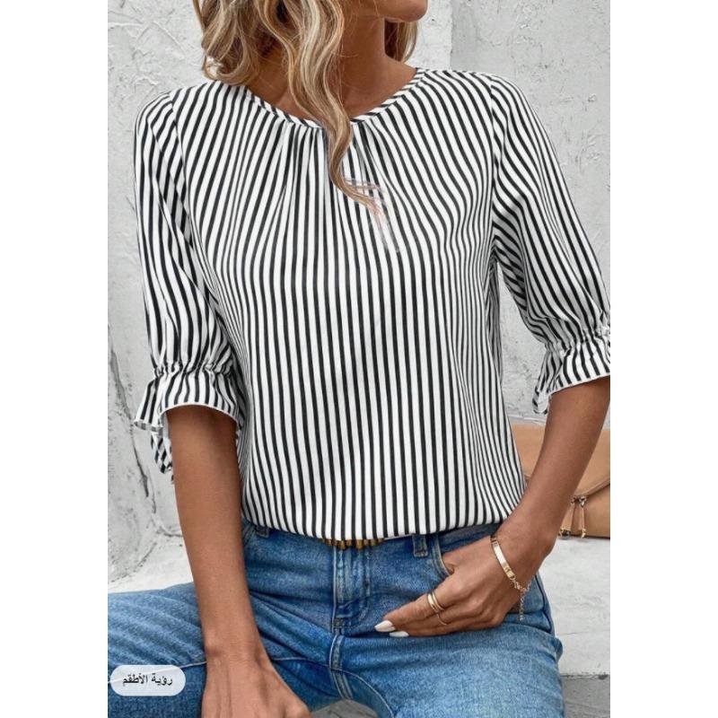 Fashion Striped Pattern Women Shirts Summer Five Quarter Sleeve Ladies Button Blouse 2XL Plus Size Casual Shirt