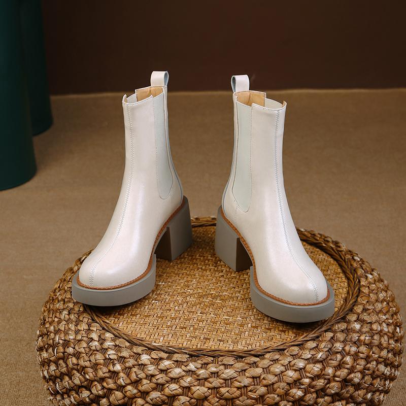 Qirui shoes Thick-soled Chelsea boots, leather inside and outside, simple and elegant
