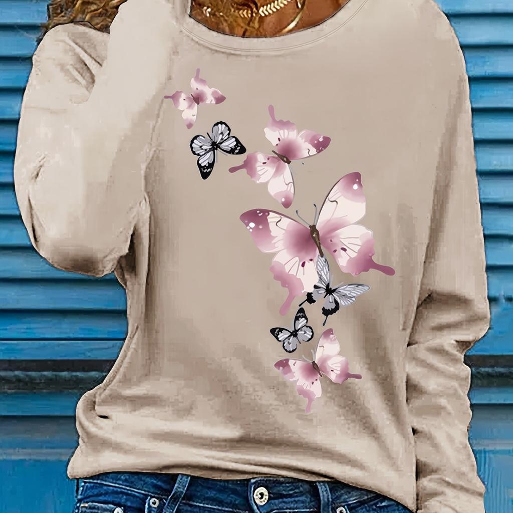 Spring and Autumn Women's 100% Cotton Fashion Casual Loose Butterfly Pattern Print Round Neck Long Sleeve T-shirt Base Shirt