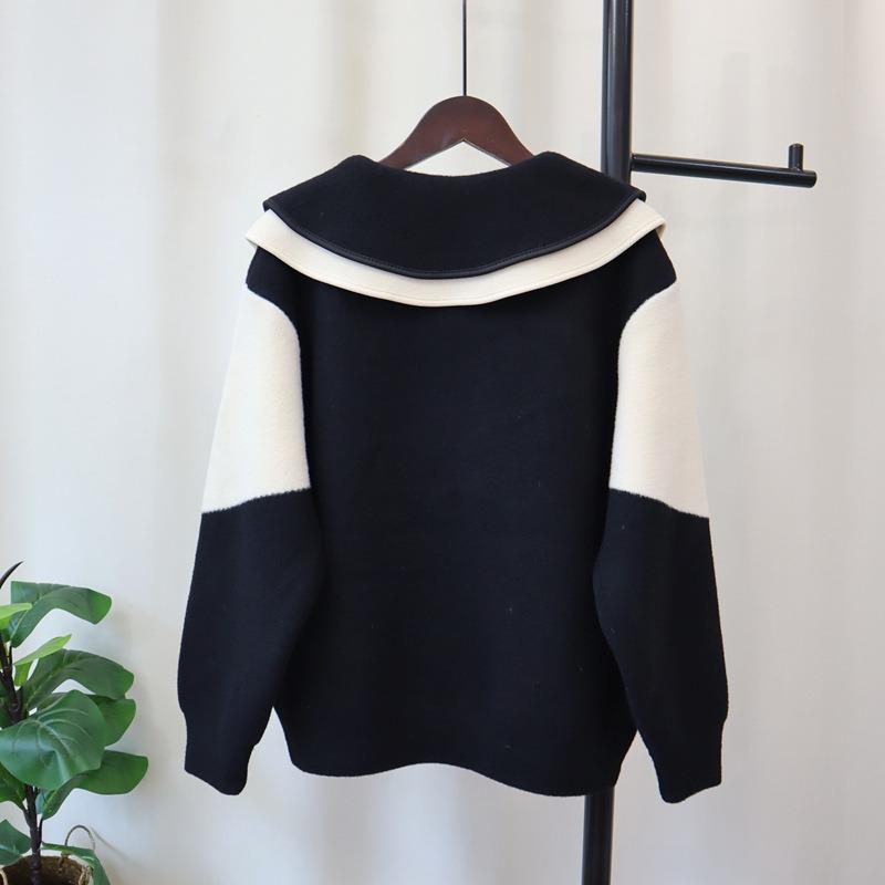 Doll collar design sense contrasting color knitted double-sided tweed jacket autumn and winter new loose and thin sweater cardigan women