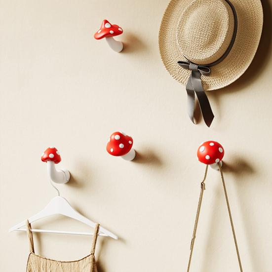 Cute Mushroom Wall Hook Decorative Key Holder Hook No Drill Wall Mounted Red Mushroom Hook for Bedroom Bathroom Entryway Coat Scarf Bag Towel