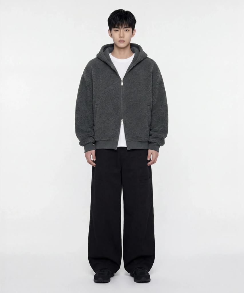 Agod Reversible Heavy Fleece Boa Hooded Zip-Up [Charcoal]