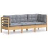 3 Seater Garden Sofa with Grey Cushions Solid Pine Wood