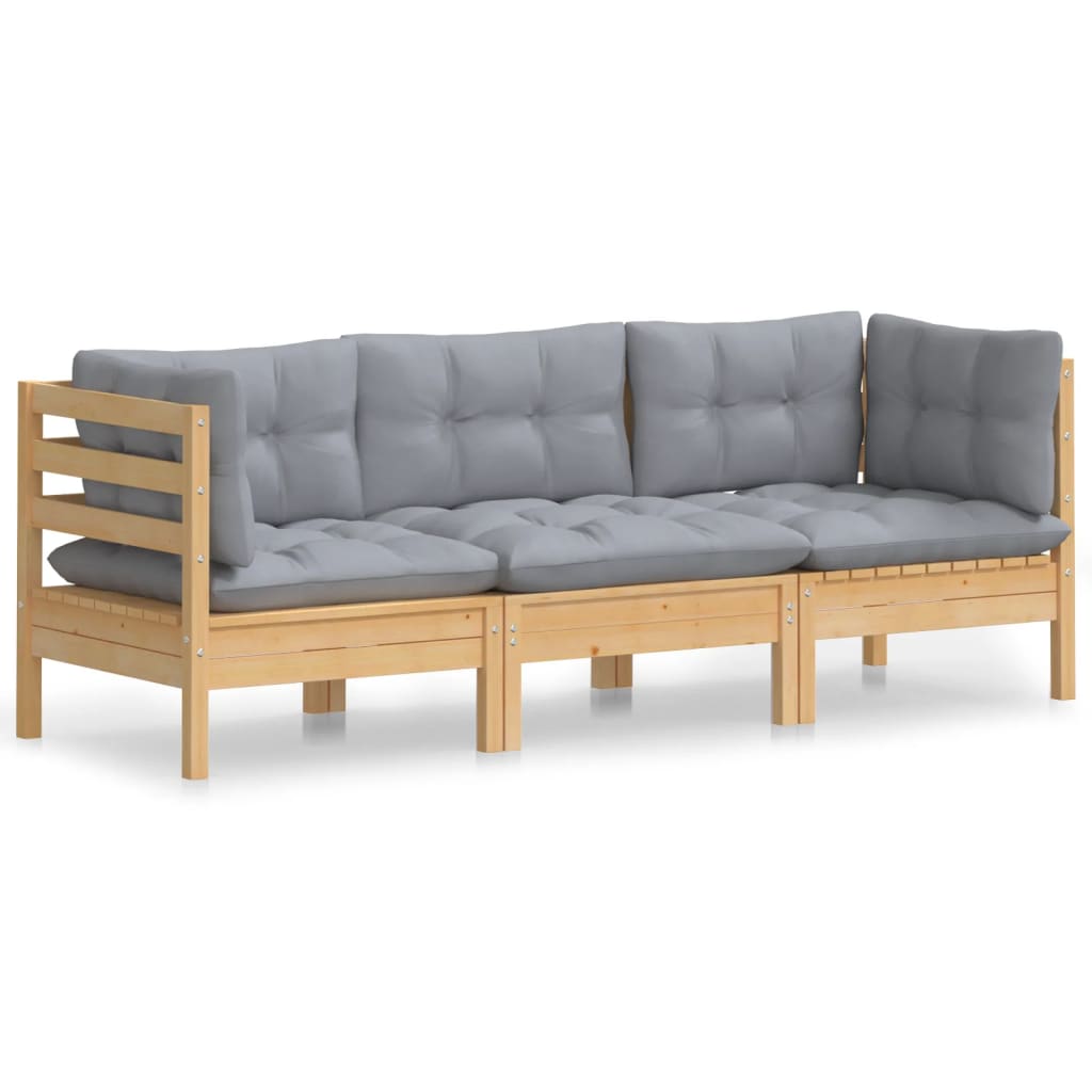 3 Seater Garden Sofa with Grey Cushions Solid Pine Wood