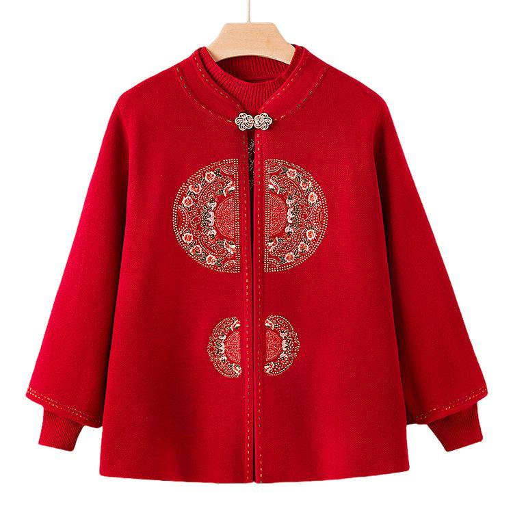New Mother Suit Autumn Sweater Suit Elderly Fashionable Embroidered Jacket Grandma Sweater Tang Suit Two-piece Set