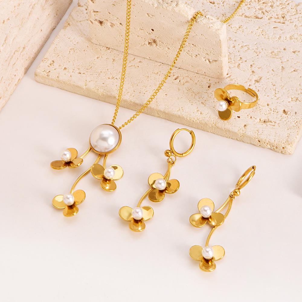 Stainless Steel Pearl Flower Jewelry Set - Necklace, Earrings, Ring