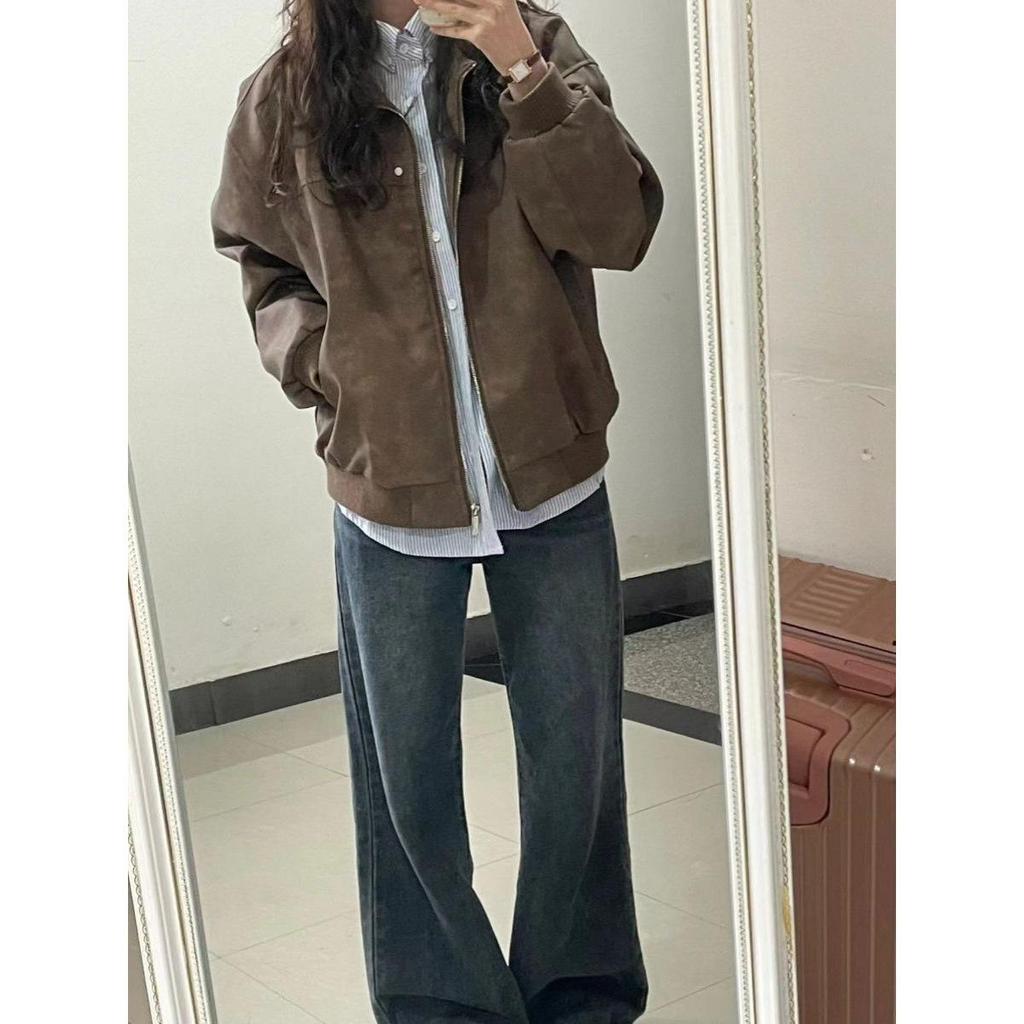 Women's American Retro Brown PU Leather Lapel Jacket - 2025 Spring/Autumn Faux Suede, High-End Versatile Couple Style.