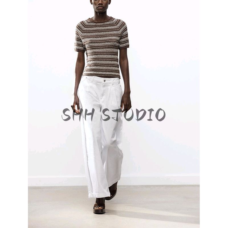 Spring and Summer New Women's Clothing Minimalist Style Silm All-Matching round Neck Short Sleeve Stripes Knitting Tops 2756007