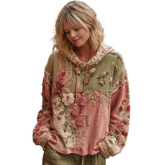 Damen Vintage Böhmischer Blumen-Hoodie Lässiges Langarm-Kapuzensweatshirt mit Tasche Übergroßer Blumen-Kunstdruck Pullover Tops