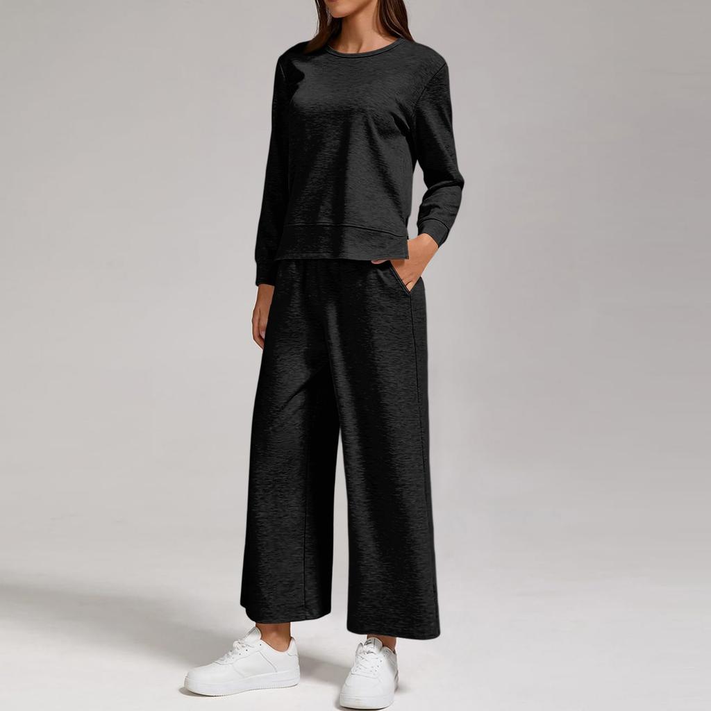 Women's Casual Round Neck Loose Fit Sweatshirt and Joggers Set with Split Hem