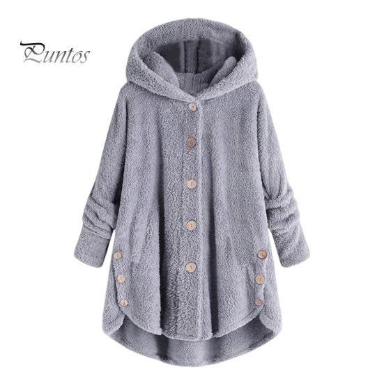 

Женское плюшевое пальто с капюшоном, длинными рукавами, боковыми пуговицами, подолом, однобортная повседневная куртка с карманами, однотонное свободное пальто средней длины M