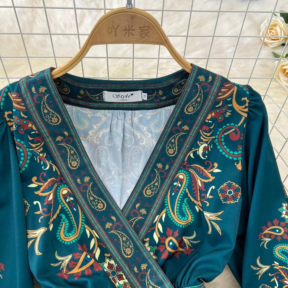 New Light Luxury Green Flower Wrap Dresses Women V-neck Lantern Sleeve High Waist Lace-up Vintage High End Court Long Dress