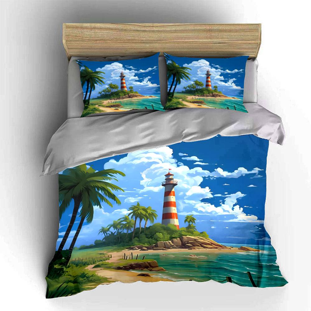 Lighthouse Tropical Beach Scene Bedding Duvet Cover Set (1*Duvet Cover 2*Pillowcases, Without Duvet Insert)