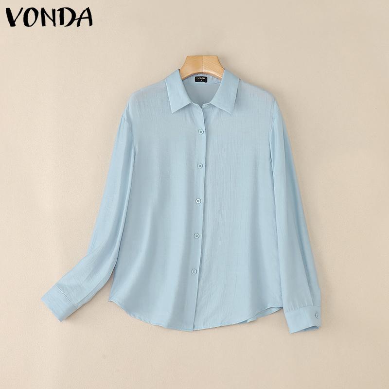 VONDA Women Casual Lapel Neck Back Lace Loose Long Sleeve Shirts Blouse