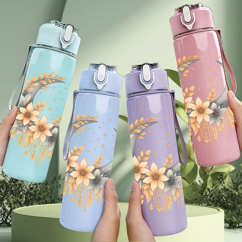 1PC Moon Daisy Wreath Art 750ml Color Plastic Sports Water Bottle Leakproof Flip Straw Lid Suitable for Sports Office Home Use