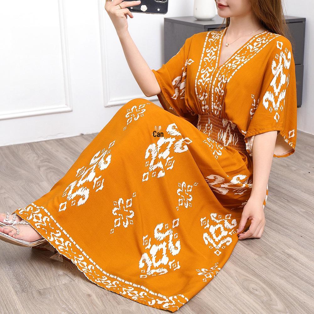 25. Jubiläum Ethnisches V-Ausschnitt Viskose Kurzarm Französisch-Thai Druck Urlaubs Kleid für Damen