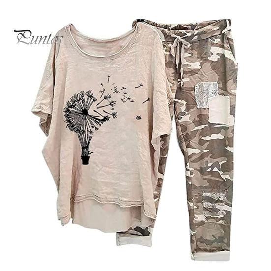 

Женский комплект из 2 шт./компл., топ, брюки, круглый вырез, цветочный камуфляжный принт, нерегулярный подол, короткие рукава, свободный шнурок, эластичная талия, женская футболка, комплект брюк 3XL