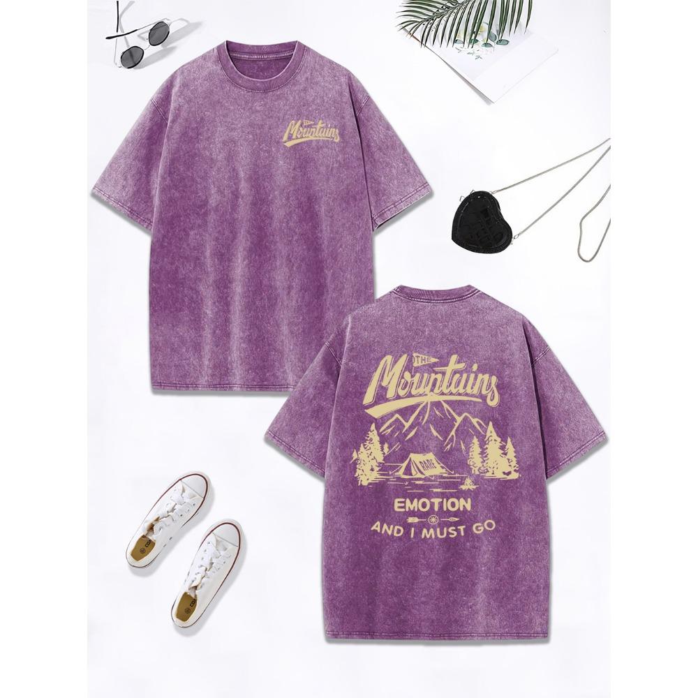 Mountains Go Camping Emotion Cotton Washed T-Shirts Women Oversized T Shirt Summer Distressed O-Neck Tops Womans Clothes