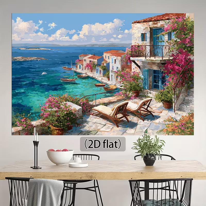 Mediterranean Coastal Scene Tapestry, Greek Island Oil Painting Print