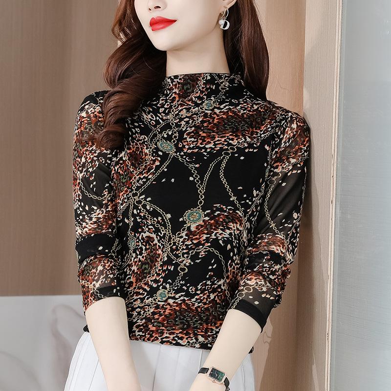 Letters and Color Mesh Top for Women In Autumn and Winter Half Turtleneck Bottoming Shirt Long Sleeves T-shirt Body-beautiful Shirt