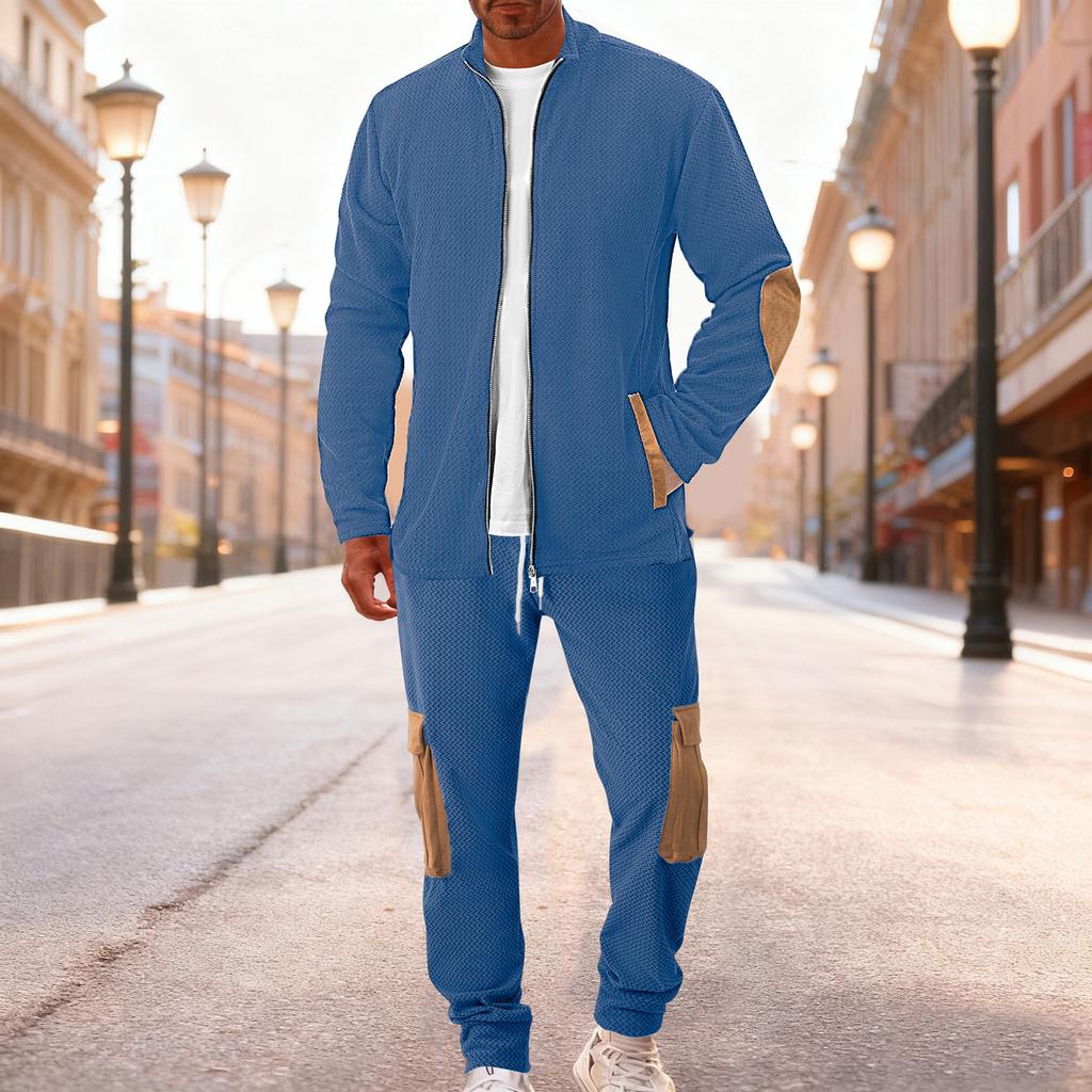 Men's Winter Fleece Tracksuit Sets Stand Collar Sweatshirt Cargo Sweatpants 2 Piece Jogging