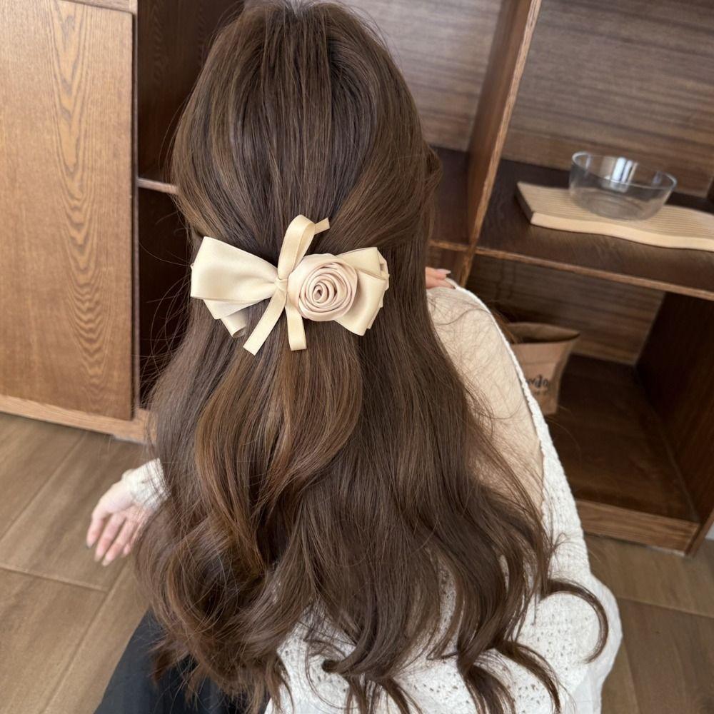 Jaw Clip Style Rose Hair Clip Satin Ribbon Ponytail Hair Claw Retro Rose Banana Clip For Women