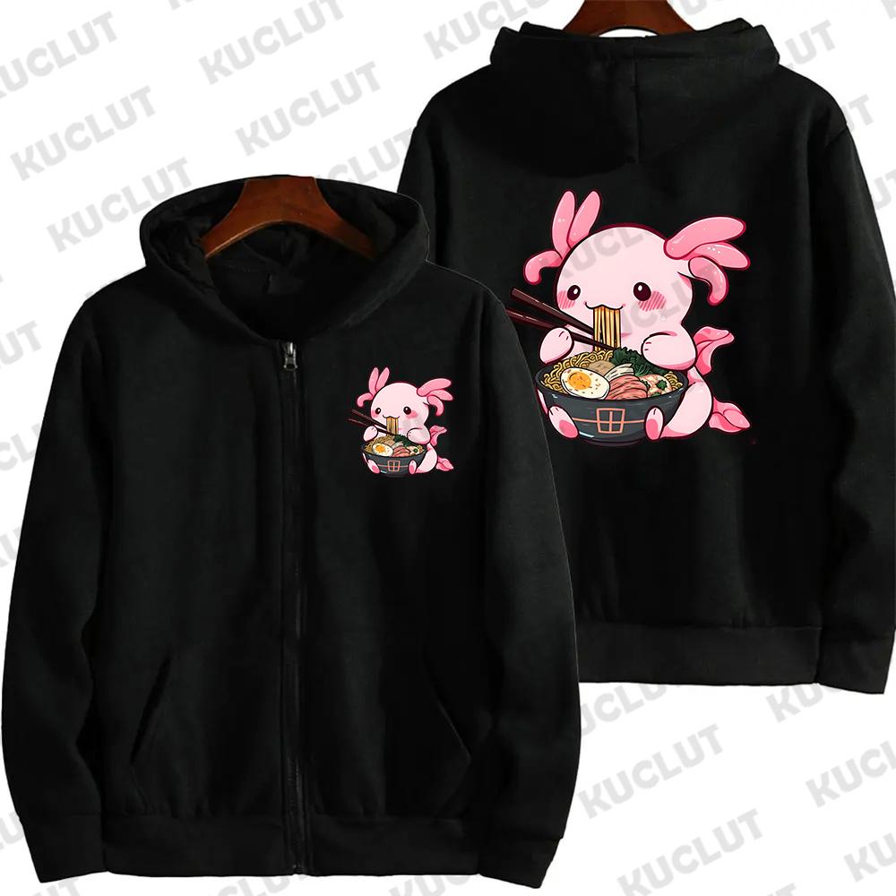 Women Zip Up Hoodies Axolotl Eating Ramen Print Hoodies Long Sleeve Hooded Sweatshirt Harajuku Streetwear Lazy Style Jacket Coat
