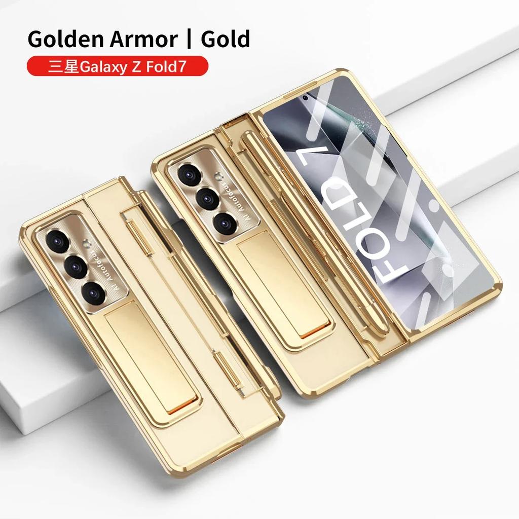 For Samsung Galaxy Z Fold 7 6Case Clear Electroplated Metal Lens Holder with Folding Hinge Tempered Film Optional Touch Pen Slot