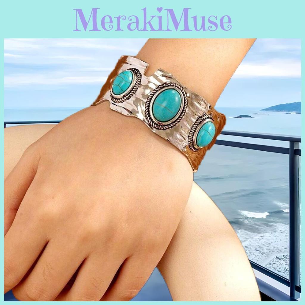 Ethnic Alloy Style Hand Jewelry With Turquoise Open Wide Bracelet For Women