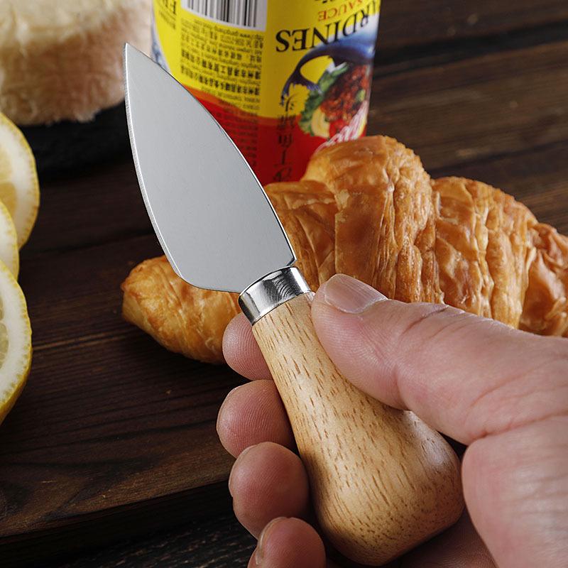 Rubber Wood Handle Stainless Steel Cheese Knife Set: Includes Fork, Spoon, Butter & Cream Knives