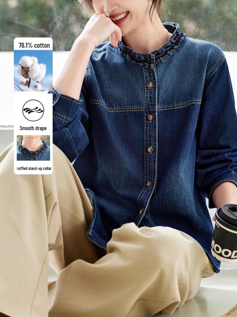Women's Long Sleeve Retro Blue Denim Shirt Jacket with Ruffled Collar - 2026 Spring Arrival