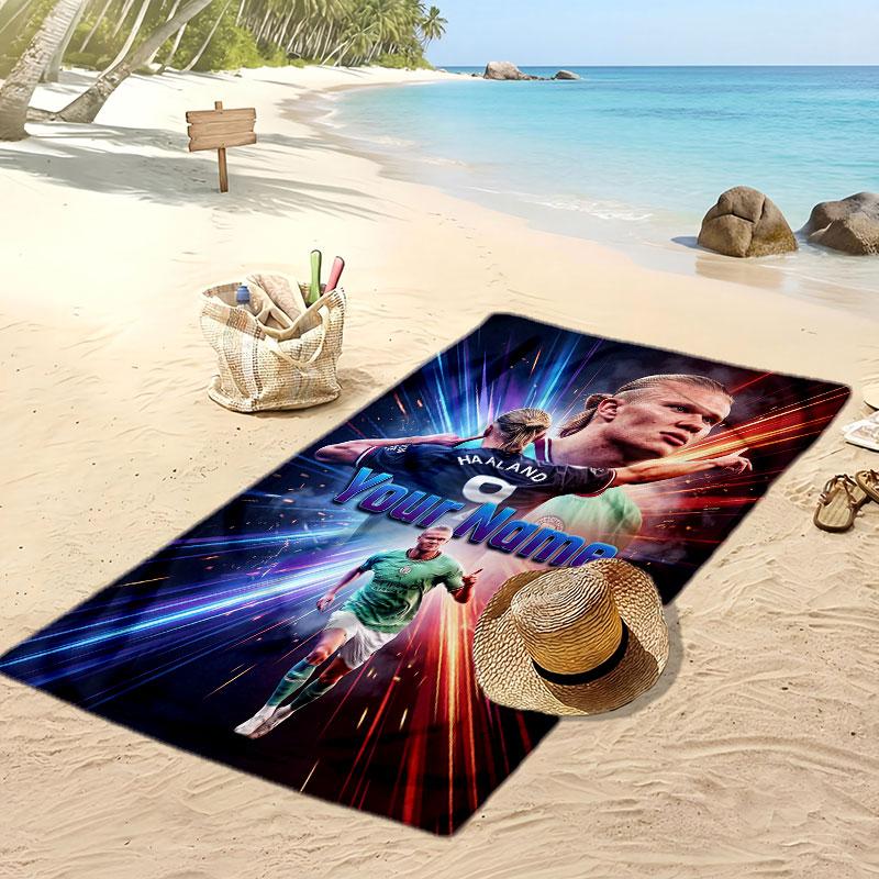 Asciugamano da Spiaggia Personalizzato Stampato Erling Haaland Logo Calcio Supporto Nome Personalizzato Testo Asciugamano Assorbente Per Sport Viaggio Regalo Speciale