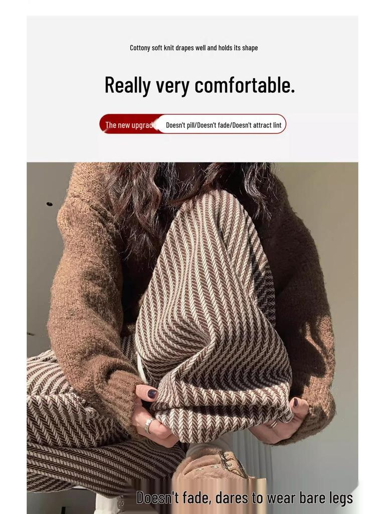 High Waist Pinstripe Wool Wide Leg Pants for Petite Women - Korean Style, Brown, Fall/Winter