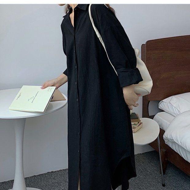 

Рубашка женская весна и осень мода однотонный универсальный топ средней длины свободная рубашка длинный рукав большой размер топ 2XL чёрный