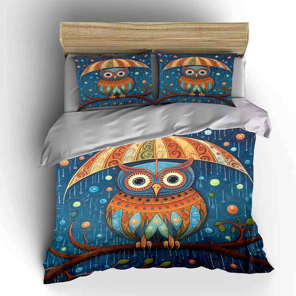 Colorful owl under umbrella. Bedding sets Duvet cover sets Duvet covers Pillowcases(1*Duvet Cover 2*Pillowcases without duvet insert)