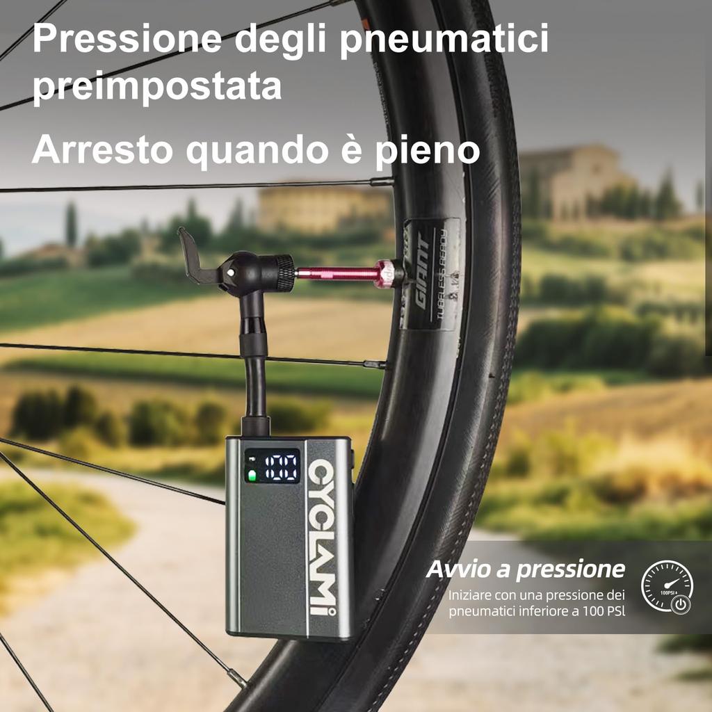CYCLAMI Compact Bicycle 120 Digital Display Memory Compatible with Presta and Schrader Aluminum Alloy Automatic Electric Pump with 14 Waterproof Pump,