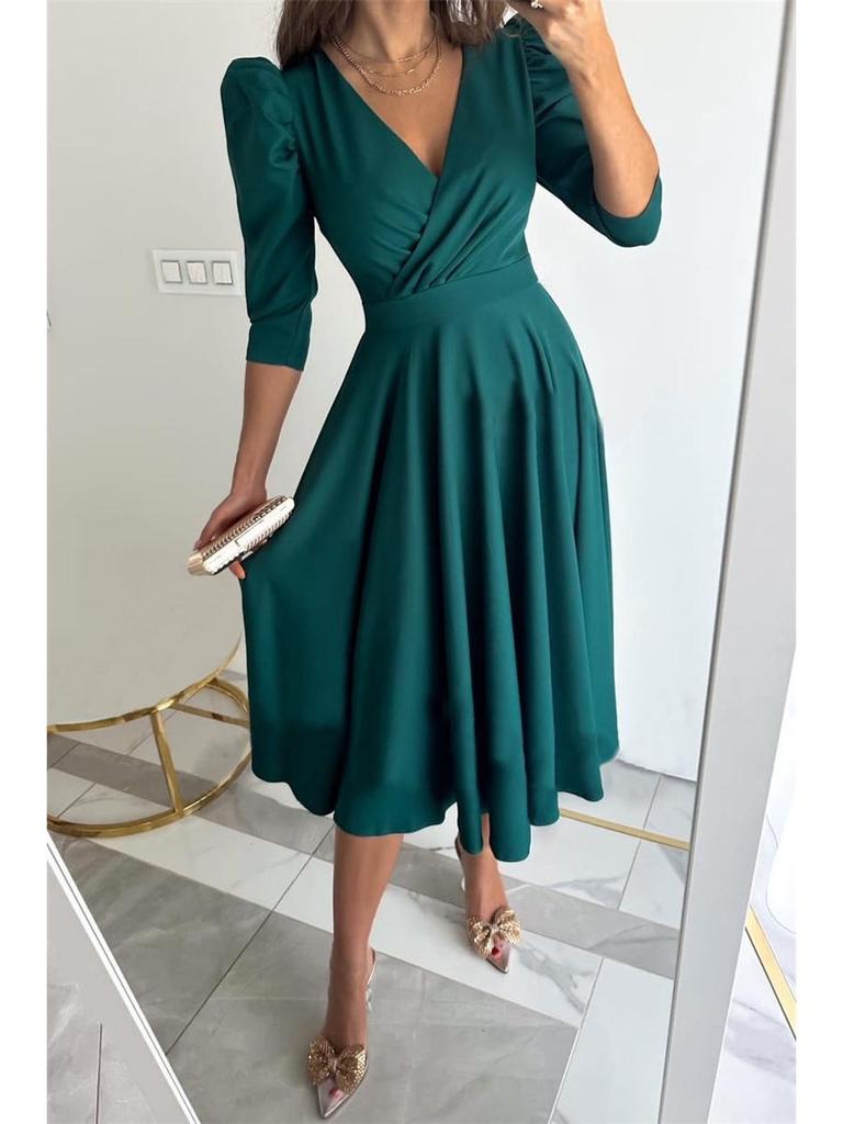 Autumn V-neck Waist-Cinching Bubble Sleeve Swing Dress