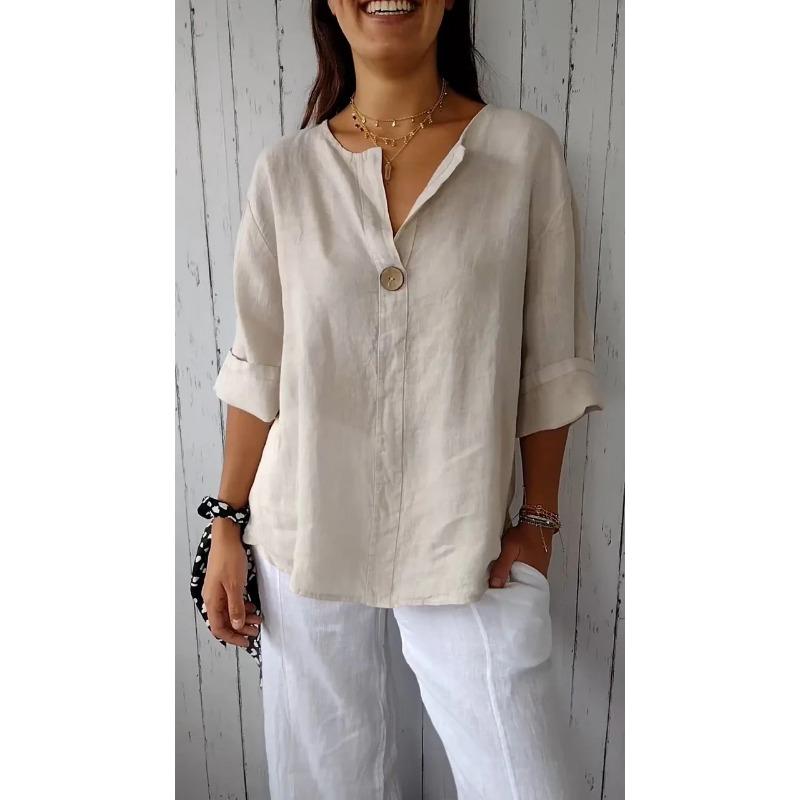 Women V Neck Loose Button 3 4 Sleeve Casual T Shirt Top