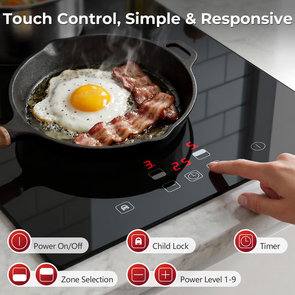 Induction Cooktop 2 Burners 3000W Double Plate Countertop Model with Touch Control Household & Hotel