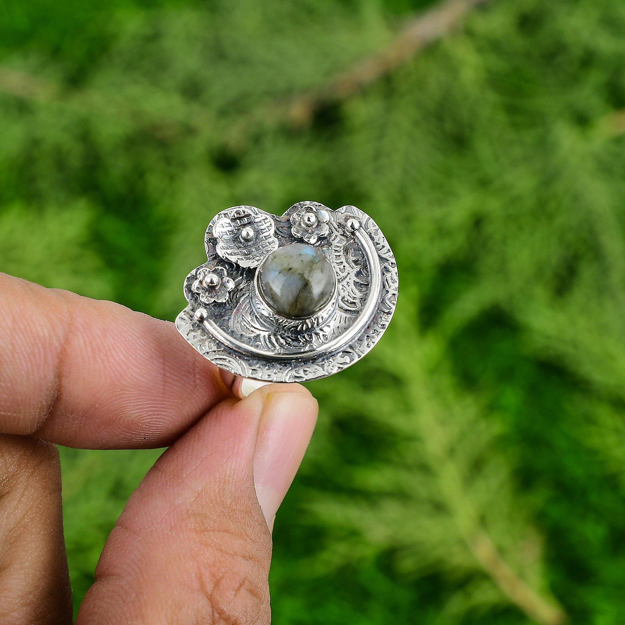 

Gift For Women Promise Flower Adjustable Ring 925 Silver Natural Labradorite Adjustable