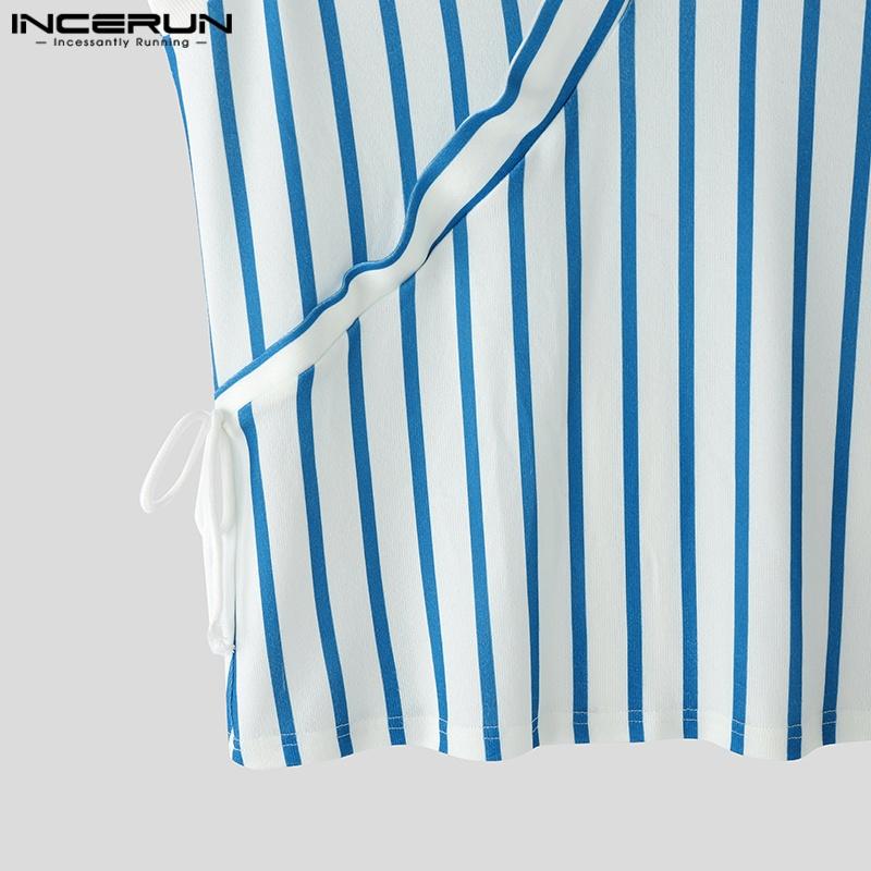 INCERUN Letní pánská tílka s výstřihem do V, bez rukávů, se šněrováním na boku, s pruhovaným potiskem, ležérní