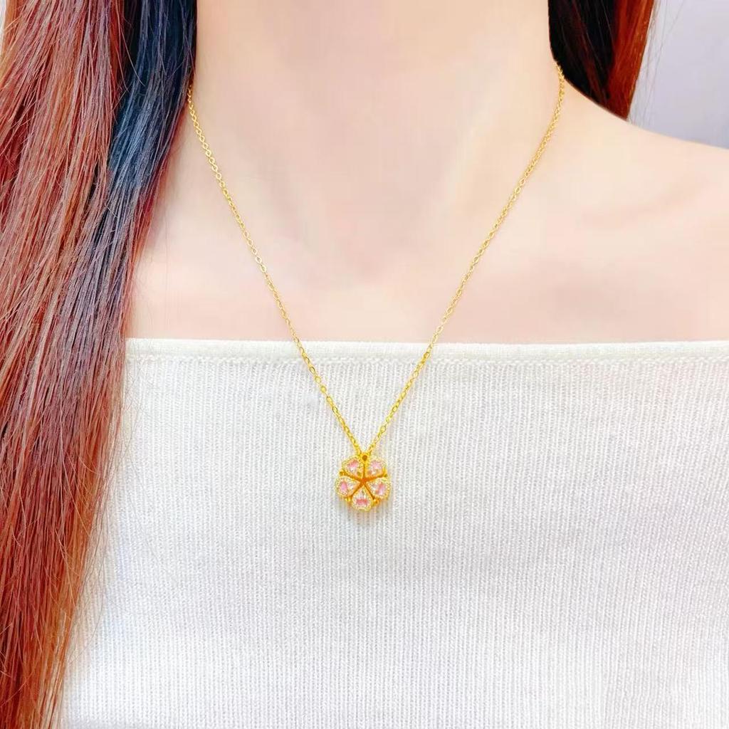Gold Shop Style Peach Blossom Necklace: Magnetic Flower Pendant, Foldable Pink Clavicle Chain, Perfect Gift for Her.
