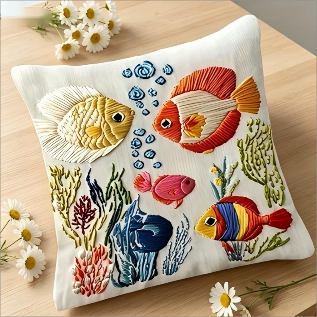 Faux Embroidery Tropical Fish Print Throw Pillow Cover, Underwater Ocean Coral Decorative Cushion For Coastal Home