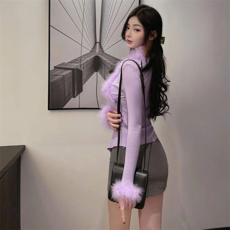 Women's Designer Slim Fit V-Neck Sweater - Fuzzy Splicing, Autumn/Winter Collection
